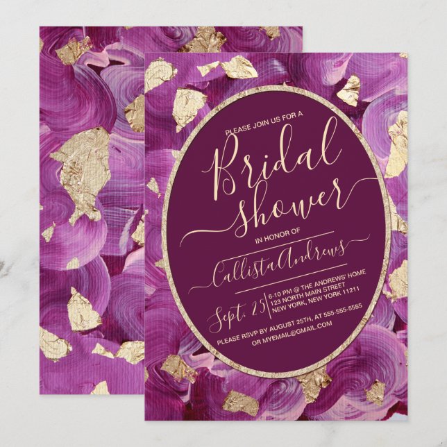 Invitación Dorado Plum Lilac Pincel acrílico Ducha de novia (Anverso / Reverso)