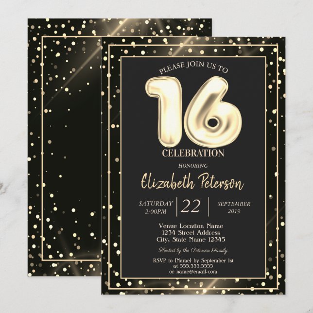 Invitación Dorado Polka Dots Black Sweet 16 Fiesta (Anverso / Reverso)