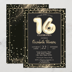 Invitación Dorado Polka Dots Black Sweet 16 Fiesta