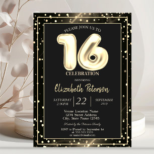 Invitación Dorado Polka Dots Black Sweet 16 Fiesta