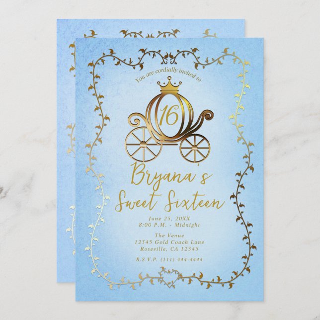Invitación Dorado Princesa Carriage Blue Storybook Sweet 16 (Anverso / Reverso)