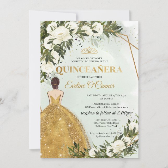 Invitación Dorado Princess vestido verde floral Quinceañera (Anverso)