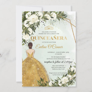 Invitación Dorado Princess vestido verde floral Quinceañera