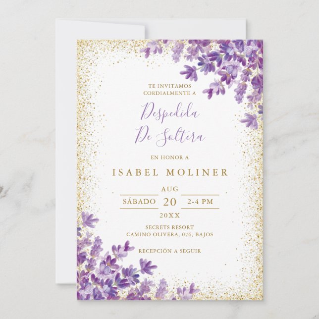 Invitación Dorado Purple Lavender Ducha de Novias Española (Anverso)