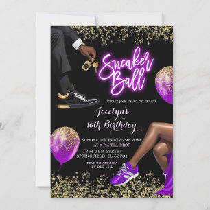 Invitación Dorado Purple Sneaker Disco Ball Chica 16 cumpleañ