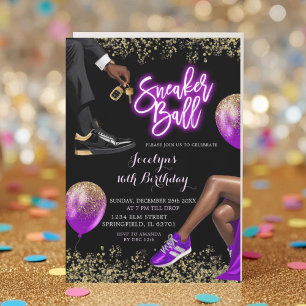 Invitación Dorado Purple Sneaker Disco Ball Chica 16 cumpleañ