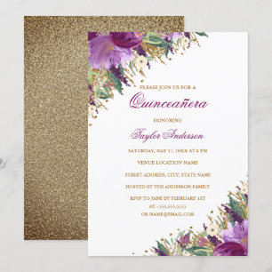Invitación Dorado Purpura Brillo Ametista Floral Quinceanera