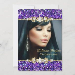 Invitación Dorado Purpura Brillo y Lazo de Joyas Quinceanera