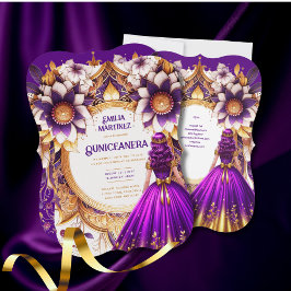 Invitación Dorado púrpura Quinceañera vestido Princesa Dulce1