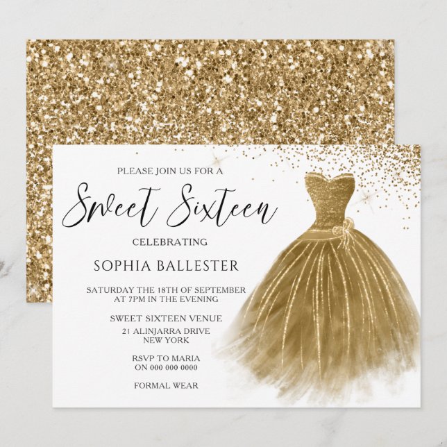 Invitación Dorado Purpurina Dorado vestido vestido vestido de (Anverso / Reverso)