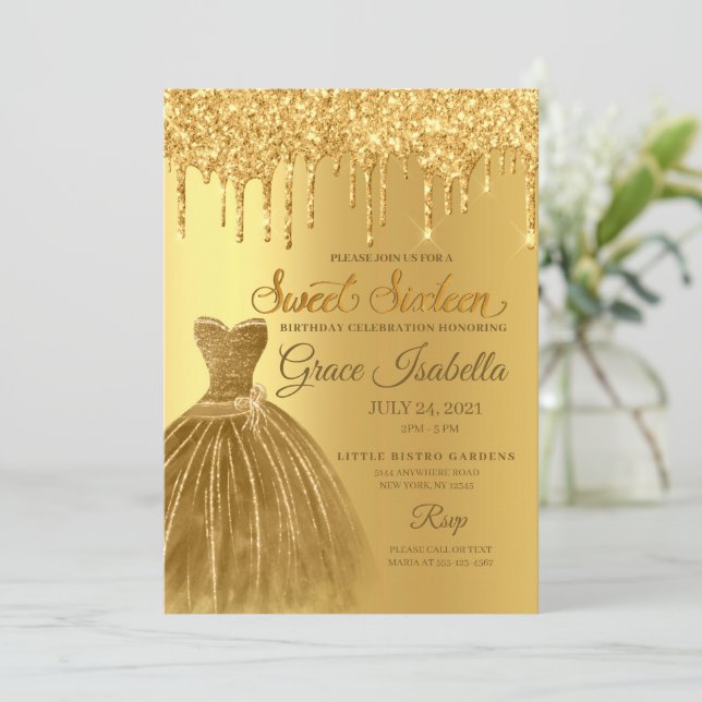 Invitación Dorado Purpurina Drip Dulce Dieciséis Cumpleaños (Anverso de pie)