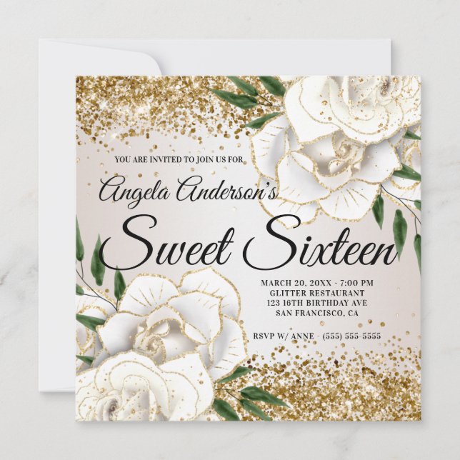 Invitación Dorado Purpurina Floral Blanco Glam Sweet 16 (Anverso)