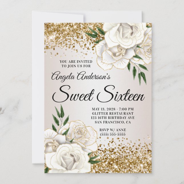 Invitación Dorado Purpurina Floral Blanco Glam Sweet 16 (Anverso)