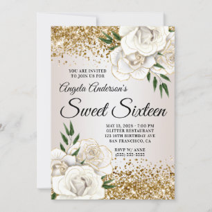 Invitación Dorado Purpurina Floral Blanco Glam Sweet 16