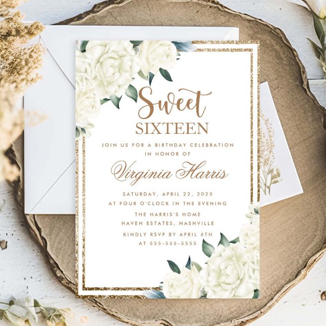 Invitación Dorado Purpurina Floral Dulce Dieciséis Cumpleaños (Subido por el creador)