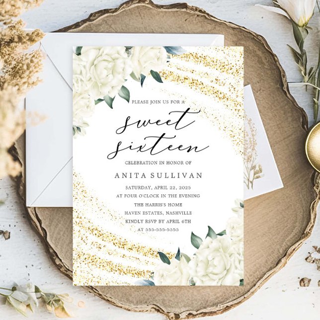 Invitación Dorado Purpurina Floral Dulce Dieciséis Cumpleaños (Subido por el creador)