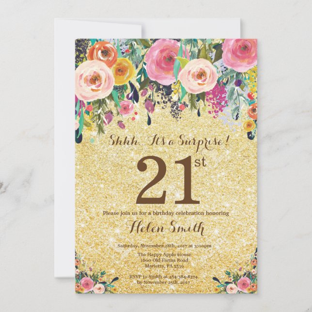 Invitación Dorado Purpurina Floral Sorpresa 21 cumpleaños (Anverso)