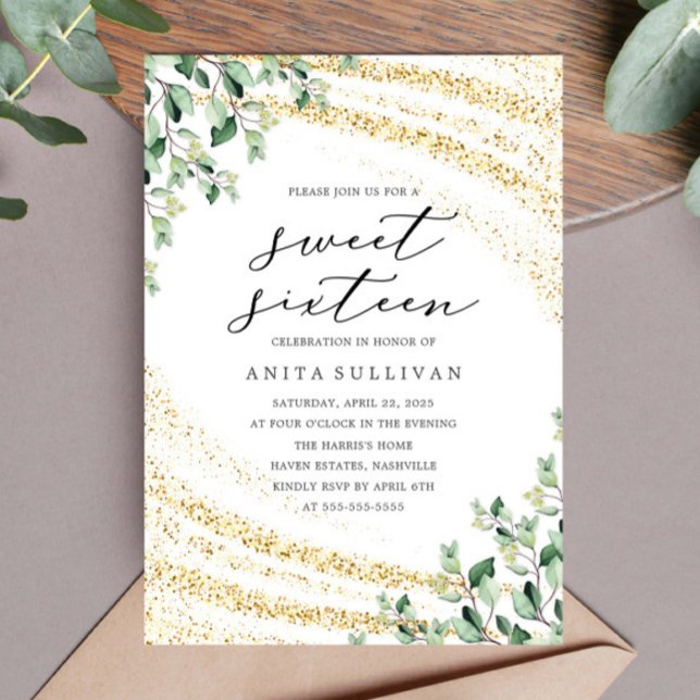 Invitación Dorado Purpurina Greenery Sweet 16 Cumpleaños (Subido por el creador)
