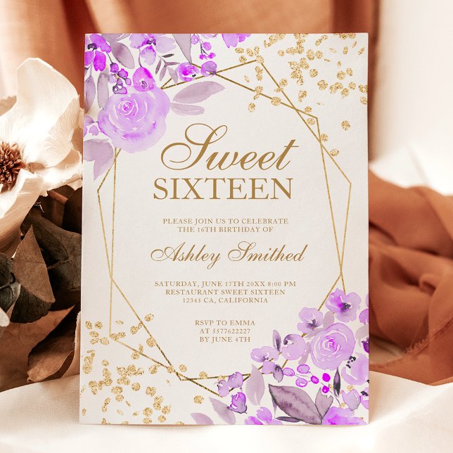 Invitación Dorado purpurina lavanda floral acuarela Dulce 16 (Gold glitter lavender floral watercolor Sweet 16 Invitation)