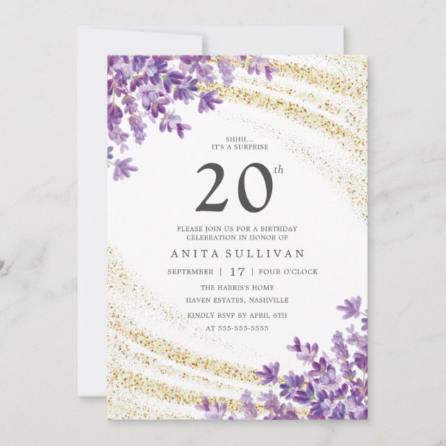 Invitación Dorado Purpurina Lavender Floral Veinte cumpleaños (Anverso)