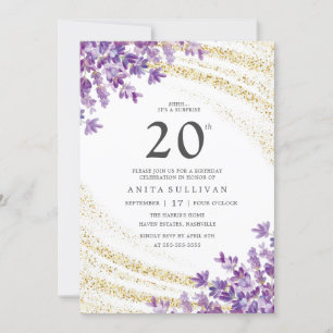 Invitación Dorado Purpurina Lavender Floral Veinte cumpleaños