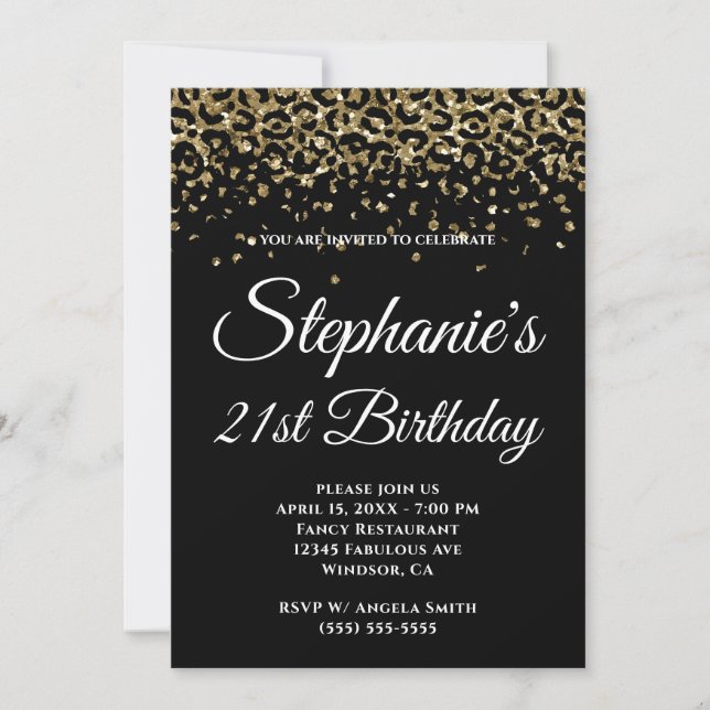 Invitación Dorado Purpurina Leopard Border Black 21 cumpleaño (Anverso)