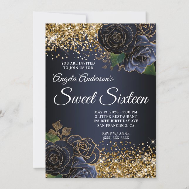 Invitación Dorado Purpurina Marina Azul Floral Glam Dulce Die (Anverso)