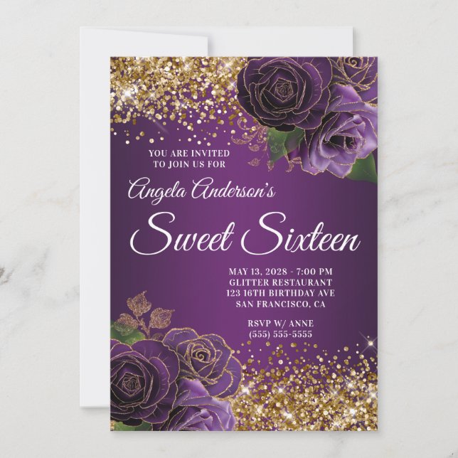 Invitación Dorado Purpurina Morado Floral Glam Dulce Dieciséi (Anverso)