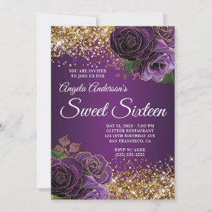 Invitación Dorado Purpurina Morado Floral Glam Dulce Dieciséi