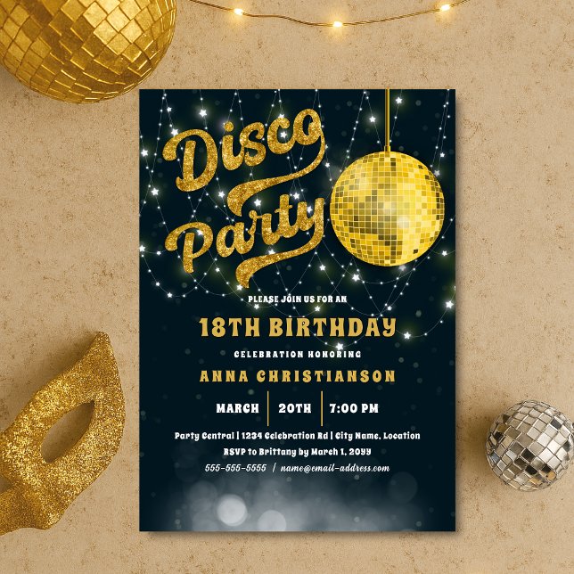 Invitación Dorado Purpurina Retro 70 Disco Ball Cumpleaños (Gold Glitter 70s Retro Disco Ball party invitation)