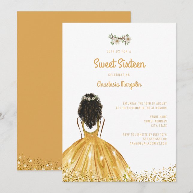 Invitación Dorado Purpurina Vestido Floral Dulce 16 16º cumpl (Anverso / Reverso)
