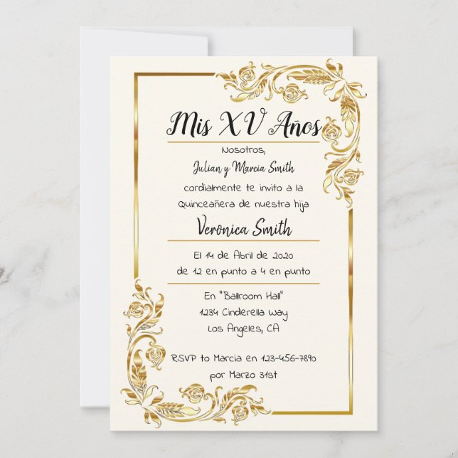 Invitación Dorado Quinceañera (Anverso)