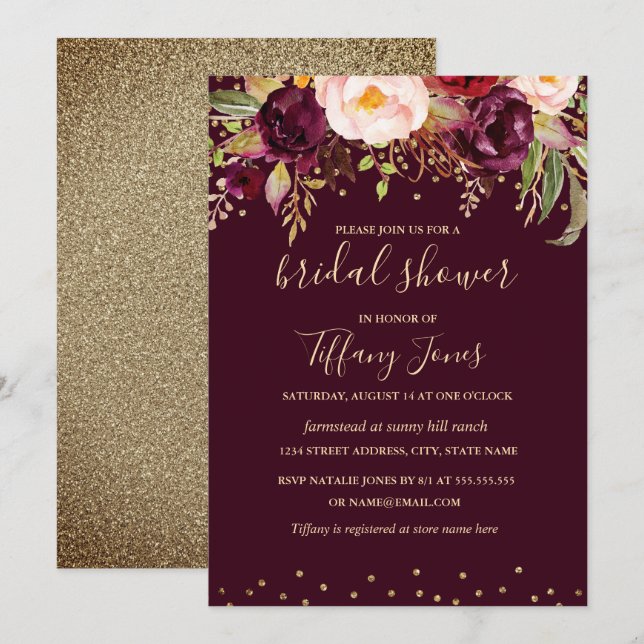 Invitación Dorado Red Burgundy Confetti Floral Bridal Shower (Anverso / Reverso)