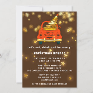 Invitación Dorado Red Car Merry Navidad Brunner Dinner Brown