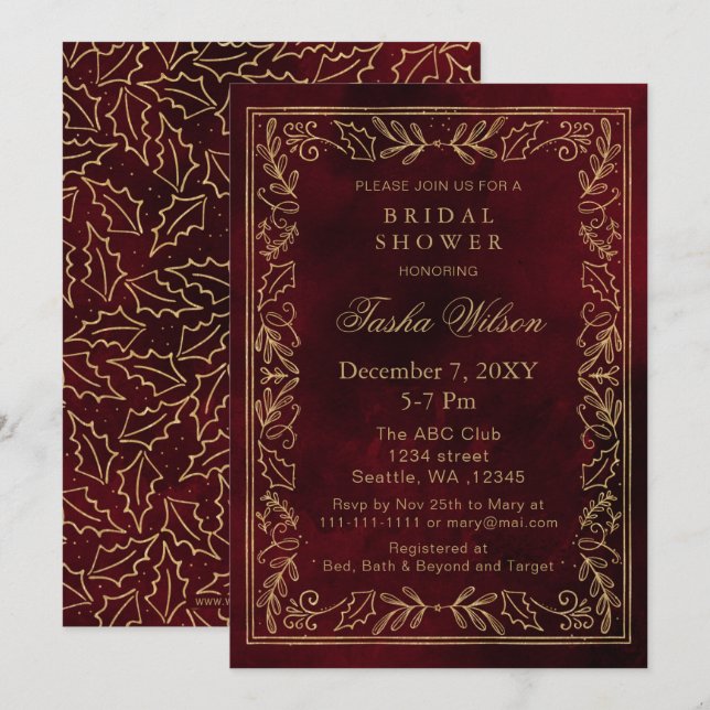 Invitación Dorado Red Winter Foliage Holiday Bridal Shower (Anverso / Reverso)