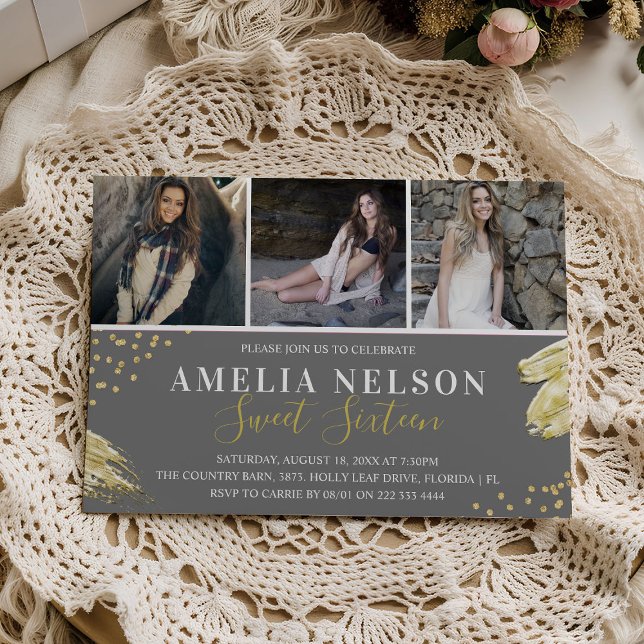 Invitación Dorado Resumen Collage de fotos Dulce 16 Cumpleaño (Subido por el creador)