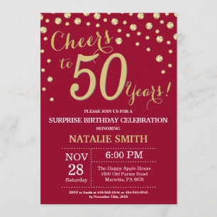 Invitación Dorado rojo borgoñés sorprende 50 aniversario de d
