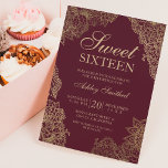 Invitación Dorado rojo burdeos floral elegante Sweet dieciséi<br><div class="desc">Moderna moda de bonito y elegante ilustracion dorado florido y rojo burdeos dulce dieciséis invitaciones de fiesta con flores de oro.</div>