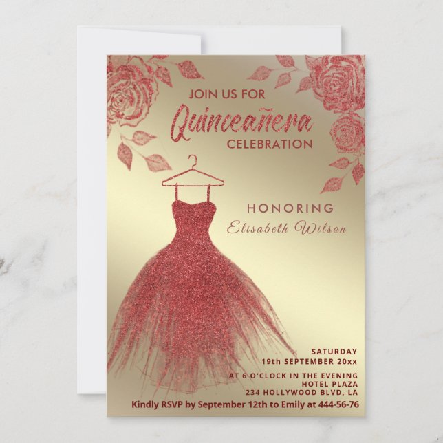 Invitación Dorado Rojo Roses rojo vestido purpurina Quinceañe (Anverso)
