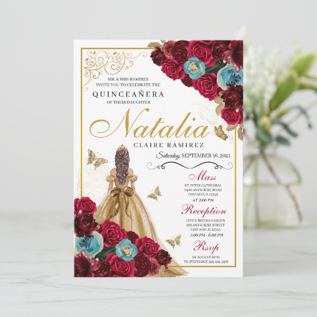 Invitación Dorado Rojo Verde azulado Floral Quinceanera Cumpl (Anverso de pie)