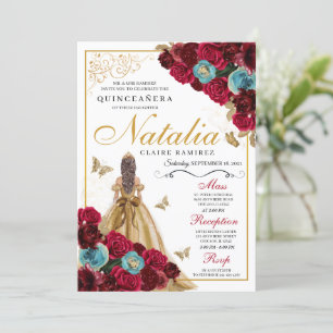 Invitación Dorado Rojo Verde azulado Floral Quinceanera Cumpl