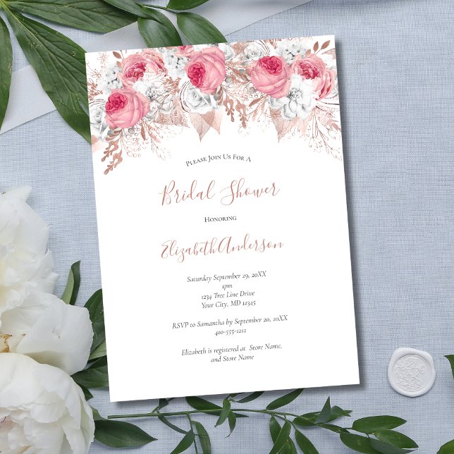 Invitación Dorado rosa blanco rosa dorado floral trendy ducha (Pink White Rose Gold Floral Bridal Shower Invitation. Digital or Printed)