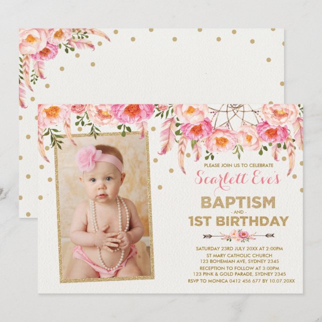 Invitación Dorado Rosa Dreamcatcher Baptism 1er Fiesta de cum (Anverso / Reverso)