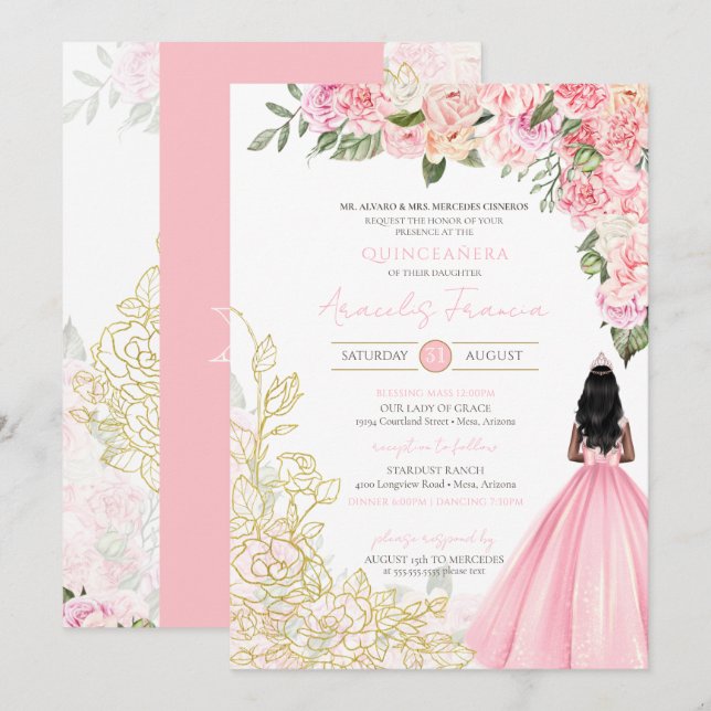 Invitación Dorado Rosa Elegante Bonito Floral Vestido Quincea (Anverso / Reverso)