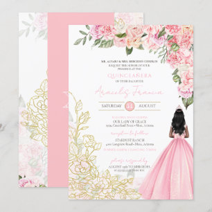 Invitación Dorado Rosa Elegante Bonito Floral Vestido Quincea