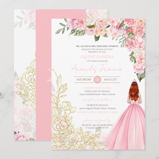 Invitación Dorado Rosa Elegante Vestido Bonito Floral Quincea (Anverso / Reverso)