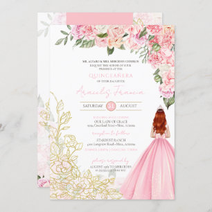 Invitación Dorado Rosa Elegante Vestido Bonito Floral Quincea