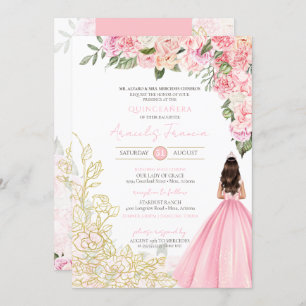 Invitación Dorado Rosa Elegante Vestido Bonito Floral Quincea