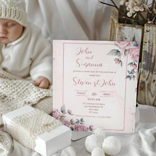 Invitación Dorado rosa Floral acuarela Retrato cardíaco bauti