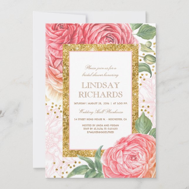 Invitación Dorado rosa floral Confetti acuática ducha de novi (Anverso)